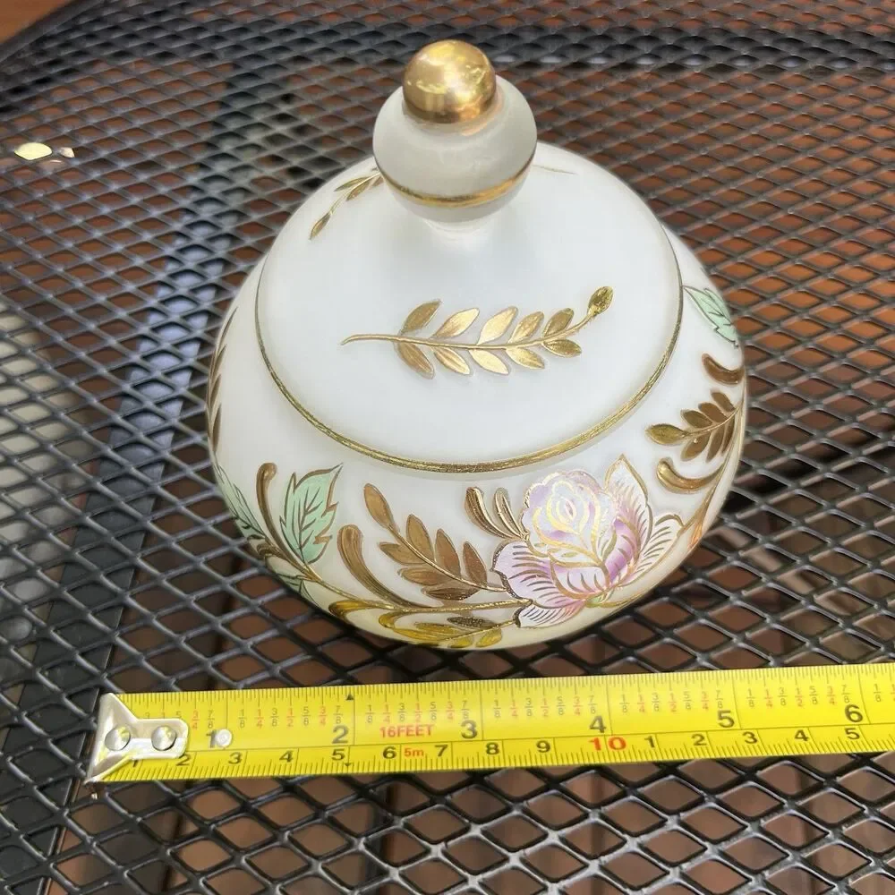 Vintage French Country Rose Jewelry Covered Trinket Dish Frosted Glass Goldleaf